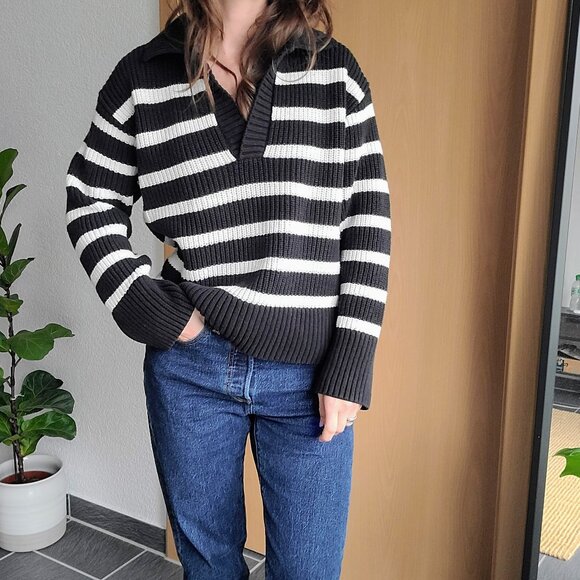 H&M Black/White Striped Chunky Ribbed Knit Polo Sweater Size Small - Picture 2 of 10